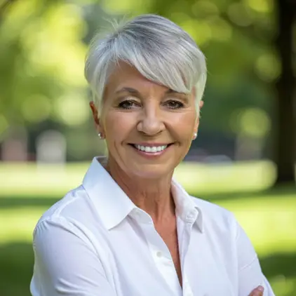 Tammy Dahl smiling in a professional author portrait with a natural garden background creating a warm and welcoming look.